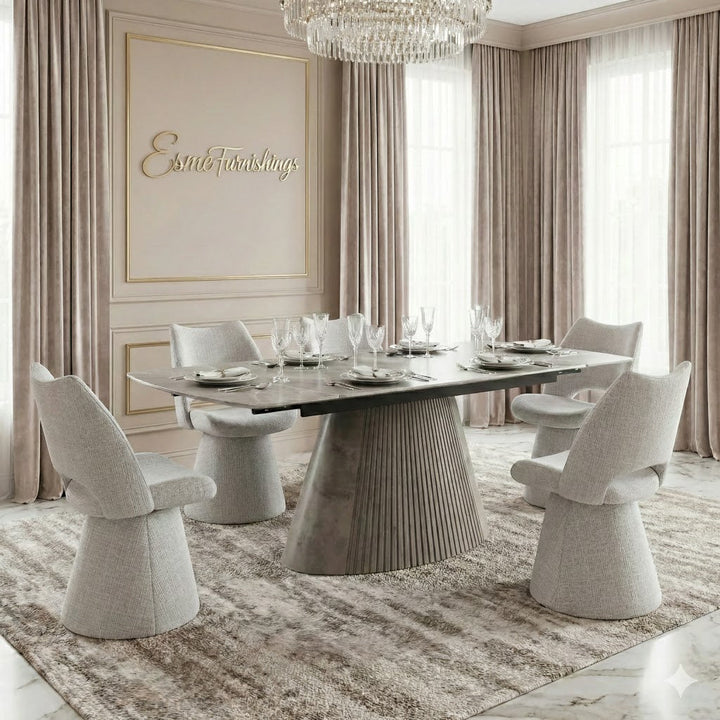 Monaco Grey 160-240cm Extending Ceramic Marble Dining Table With Grey Velvet 360 Swivel Chairs