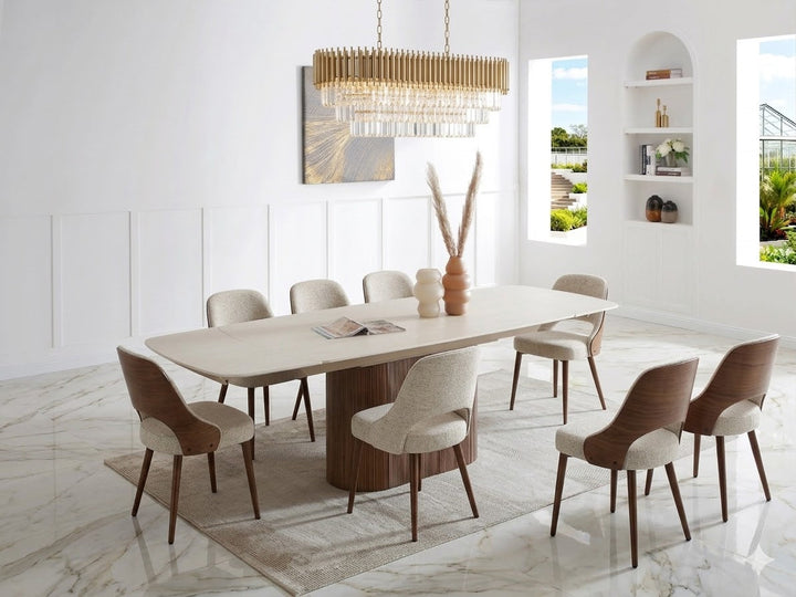 Ginevra 180-260cm Italian Walnut & White Travertine Ceramic Marble Side Extending Dining Table With Milo Walnut Wooden Dining Chairs