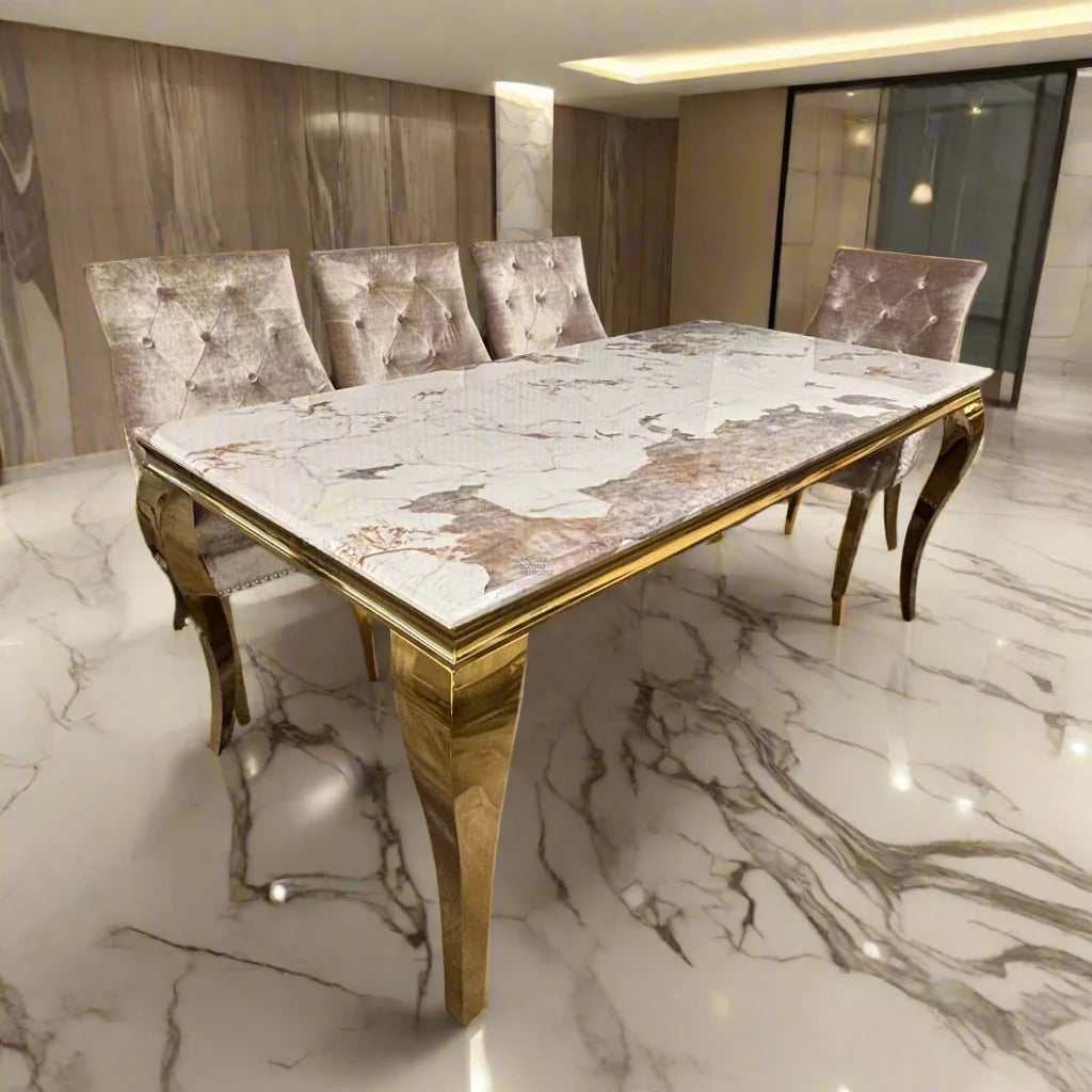 Louis Pandora Gold Marble Dining Table With Gold Lion Knocker Dining Chairs