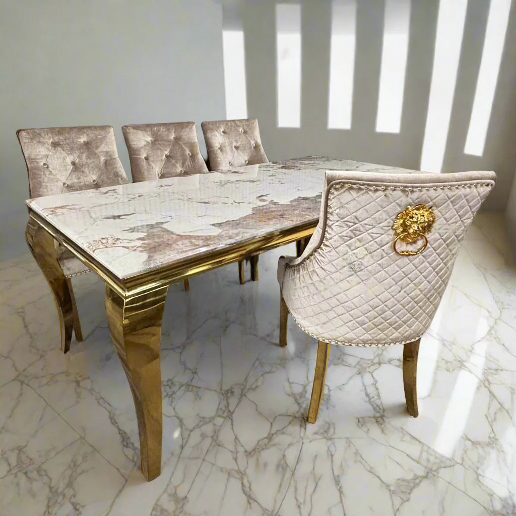 Louis Pandora Gold Marble Dining Table With Gold Lion Knocker Dining Chairs