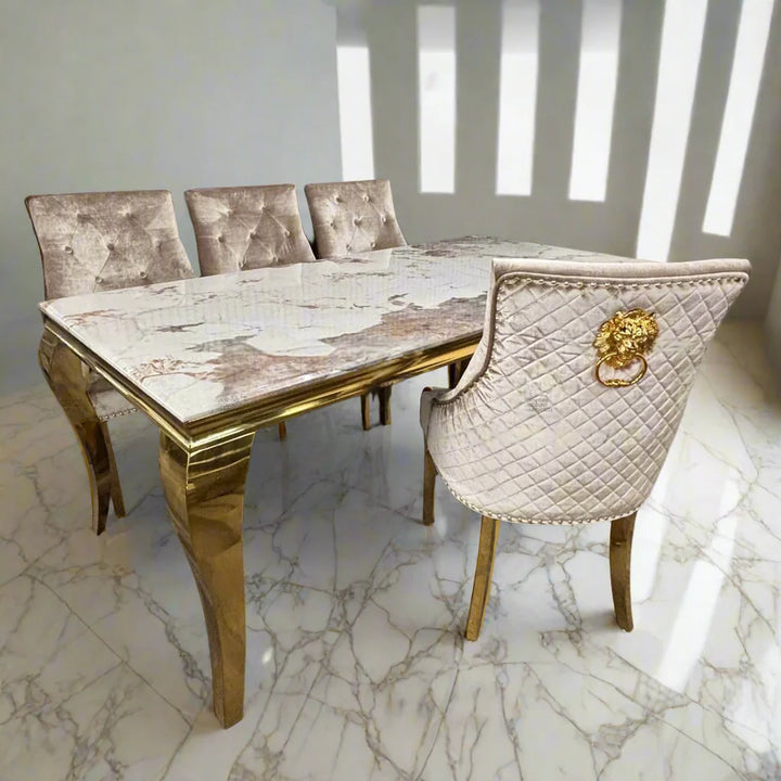Louis Pandora Gold Marble Dining Table With Gold Lion Knocker Dining Chairs