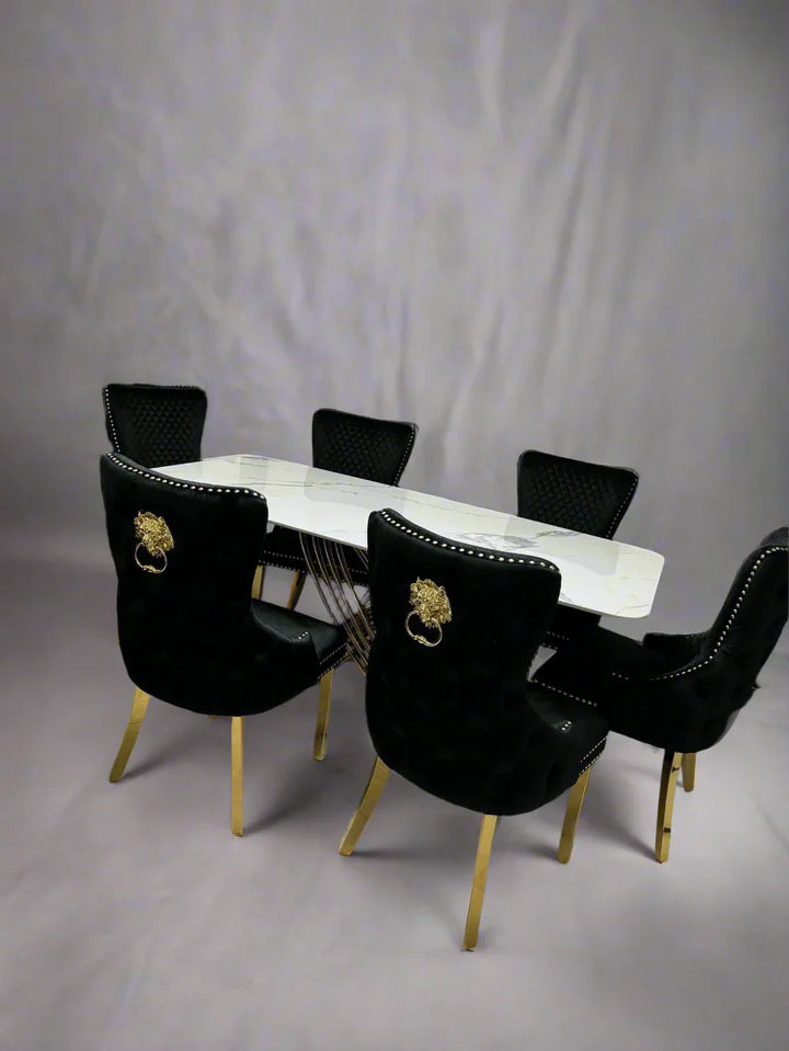 Orion 180cm White/Gold Dining Table With Victoria Lion Knocker Velvet Gold Chairs
